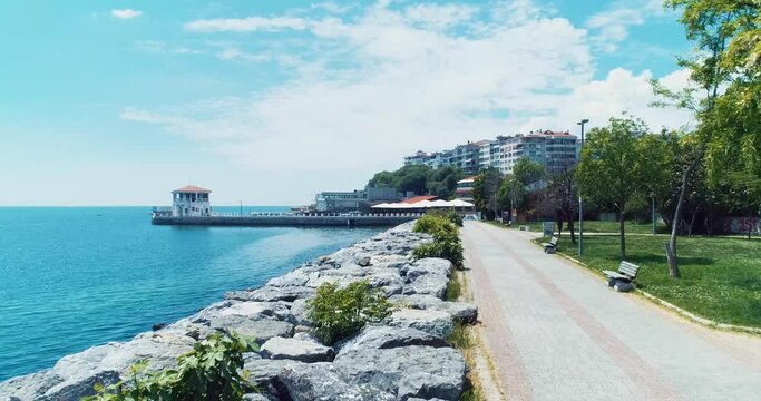 Empty coast in Kadikoy, Moda, Istanbul city, Turkey, during Covid-19 Coronavirus outbreak
