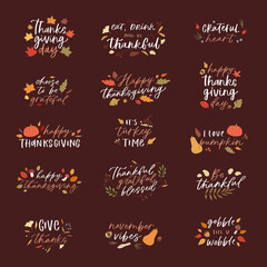 Big set of thanksgiving letterings quotes by seasonal design elements, leaves, mushrooms. Colorful vector illustration bundle of handwritten phrases for autumn holiday use for greeting card, posters