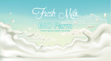 Splashing fresh milk from bio fam with blue sky in background. Place for text