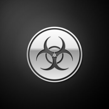 Silver Biohazard symbol icon isolated on black background. Long shadow style. Vector.