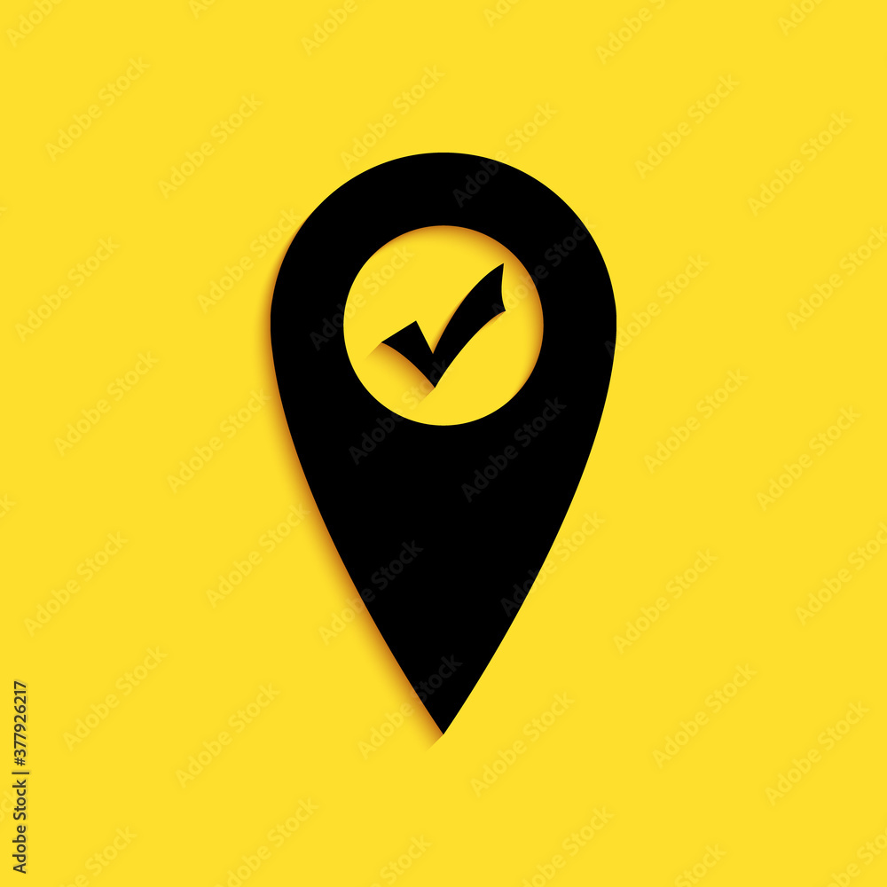 Poster black map pointer with check mark icon isolated on yellow background. marker location sign. tick sym