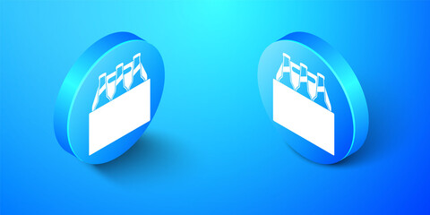 Isometric Pack of beer bottles icon isolated on blue background. Case crate beer box sign. Blue circle button. Vector.
