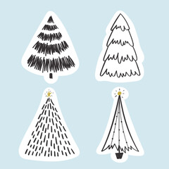 Set of hand drawn doodle Christmas trees. Vector illustration collection of Christmas Eve winter background use for greeting cards, posters, wrapping paper, banners, wallpaper