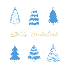 Set of hand drawn doodle Christmas trees. Vector illustration collection of Christmas Eve winter background use for greeting cards, posters, wrapping paper, banners, wallpaper