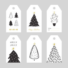 Tag of hand drawn doodle Christmas trees. Vector illustration collection of Christmas Eve greetings elements winter background use for greeting cards, posters, wrapping paper, banners, presents
