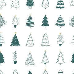 Patten of hand drawn doodle Christmas trees. Vector illustration collection of Christmas Eve winter background use for greeting cards, posters, wrapping paper, banners, wallpaper