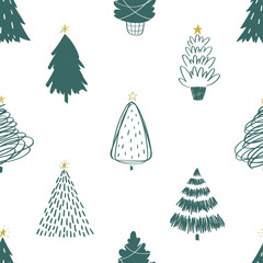 Patten of hand drawn doodle Christmas trees. Vector illustration collection of Christmas Eve winter background use for greeting cards, posters, wrapping paper, banners, wallpaper