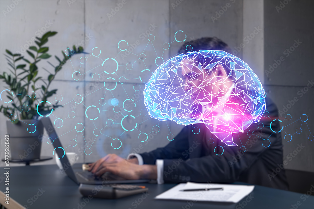 Aufkleber businessman in office working with laptop technology ai typing computer assemble data drawing concep