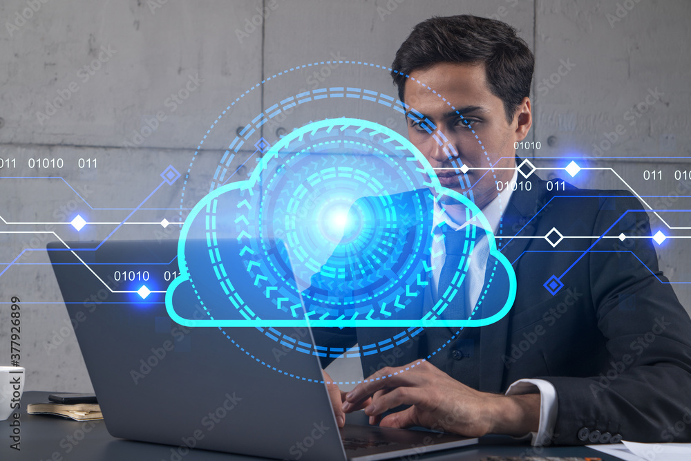Poster businessman in office working with laptop technology storage cloud typing computer assemble data dra