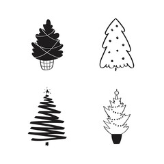 Set of hand drawn doodle Christmas trees. Vector illustration collection of Christmas Eve winter background use for greeting cards, posters, wrapping paper, banners, wallpaper. Isolated black on white