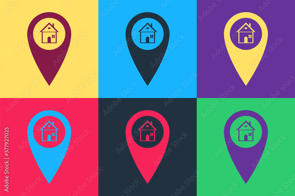 Poster pop art map pointer with house icon isolated on color background. home location marker symbol. vecto