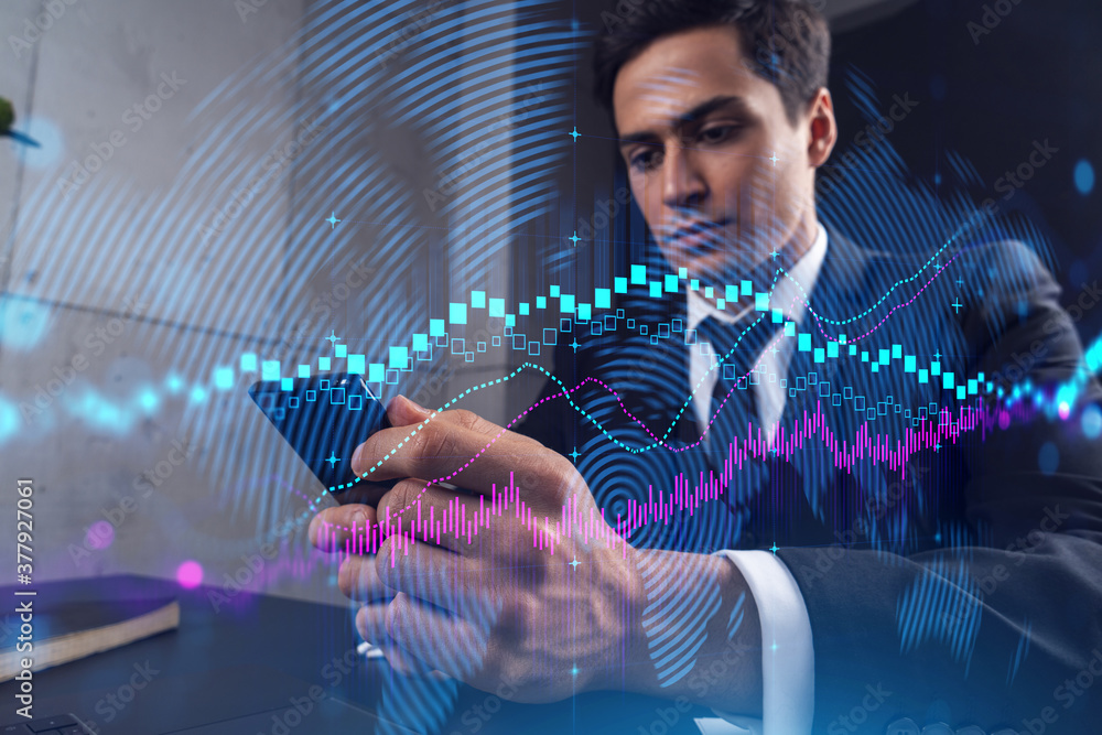 Poster trader in office working with smartphone, forex graph hologram to analyze market behavior, typing ph