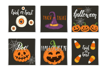 Halloween set of invitation cards with hand drawn icons and lettering. Pumpkin Jack, witch hat, broom, hat, sweets, candy roots, coffin, pot with potion in sketch style.