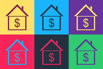 Pop art House with dollar icon isolated on color background. Home and money. Real estate concept. Vector.