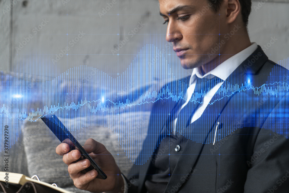 Poster trader in office working with smartphone, forex graph hologram to analyze market behavior, typing ph