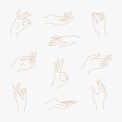 Set of various outline gestures isolated. Vector illustration of golden female minimalism hands in a realistic poses, modern elegant thin liner style. Design elements, icons, logos, emblems, signs