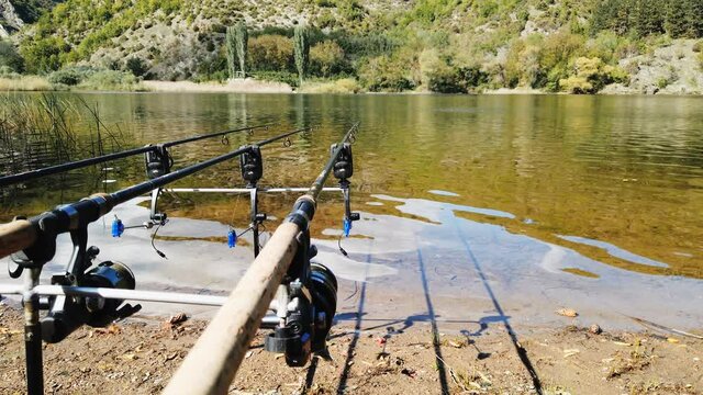row of fishing rods fishing on river, lake