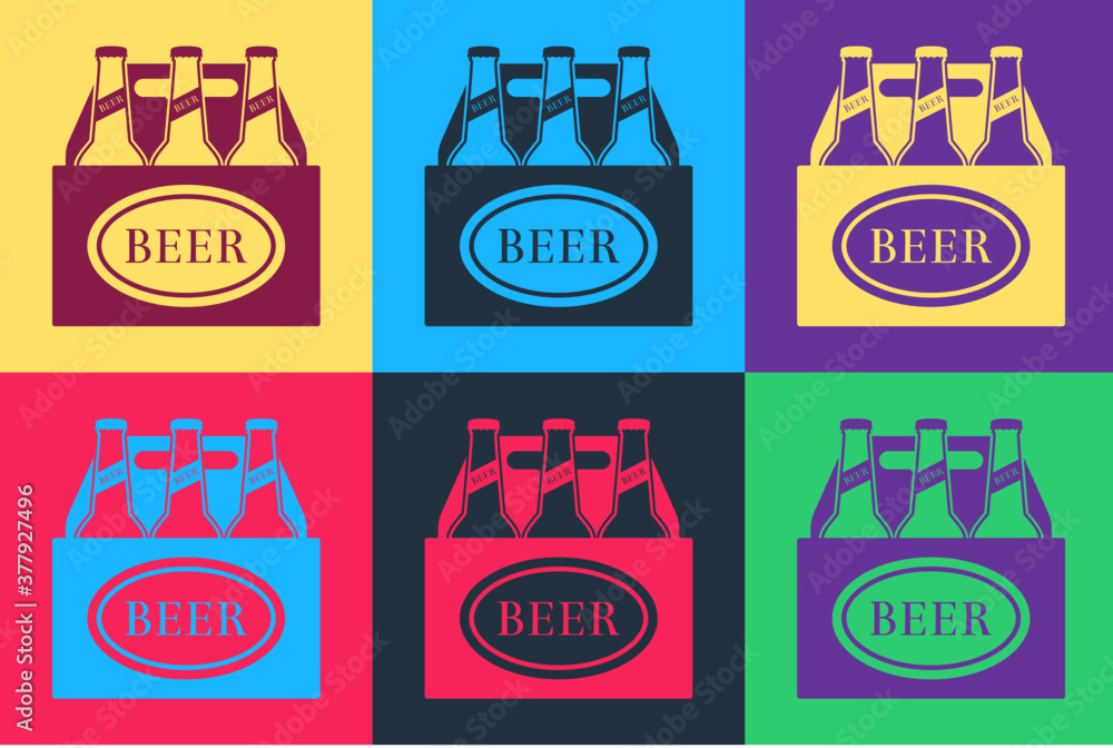 Poster pop art pack of beer bottles icon isolated on color background. case crate beer box sign. vector.