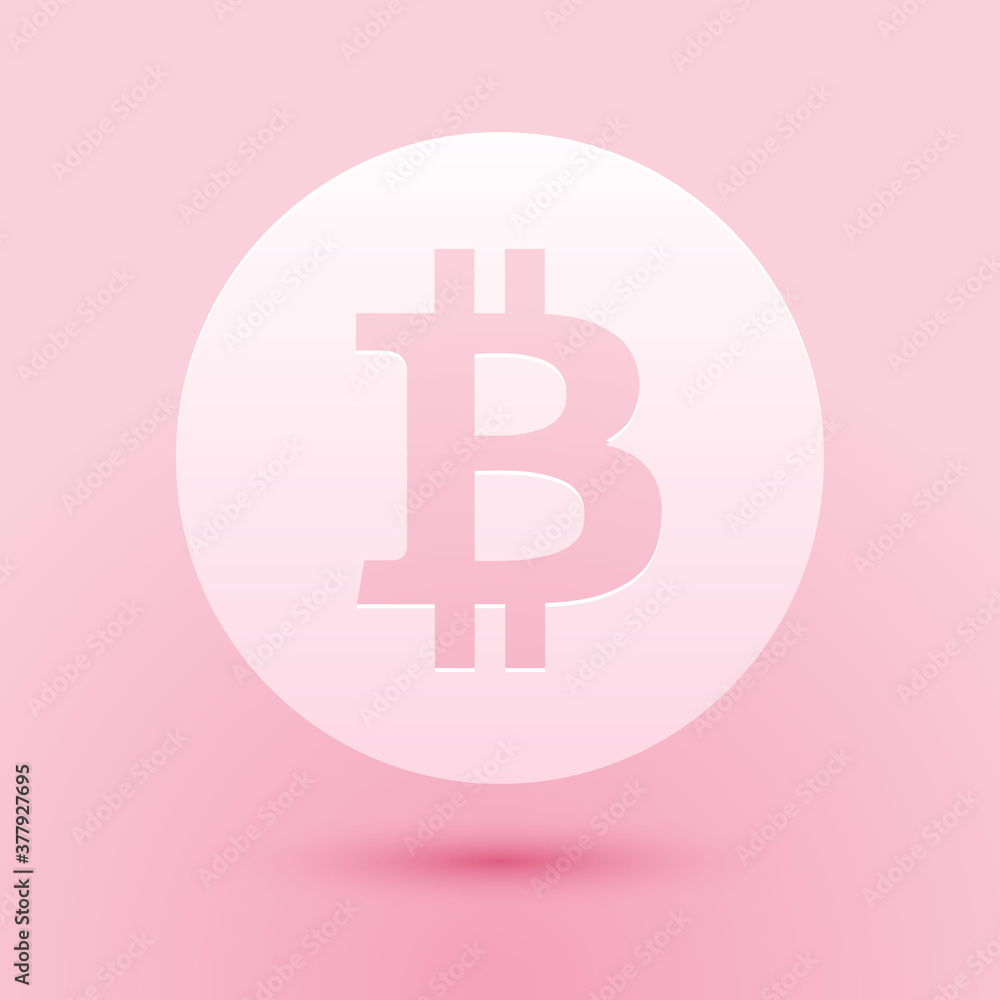 Poster paper cut cryptocurrency coin bitcoin icon isolated on pink background. physical bit coin. digital c