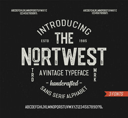 "The Nortwest". Sans Serif Octagonal Alphabet. Retro Typeface. Clean, Textured and Light Versions. Vector Illustration.