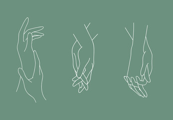 Set of holding outline hands couples with interlocked fingers. Symbol people in love, romance relationship, support, dating, friendship in liner style. Vector illustration isolated on green background
