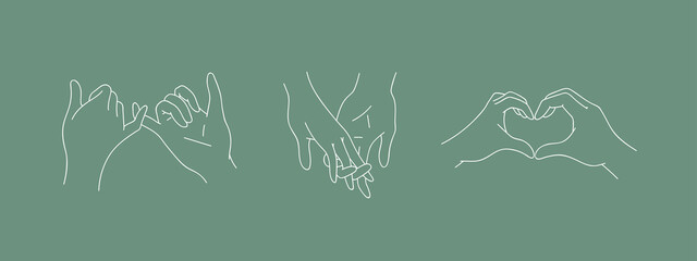 Set of holding outline hands couples with interlocked fingers. Symbol people in love, romance relationship, support, dating, friendship in liner style. Vector illustration isolated on green background