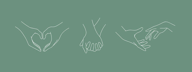 Set of holding outline hands couples with interlocked fingers. Symbol people in love, romance relationship, support, dating, friendship in liner style. Vector illustration isolated on green background