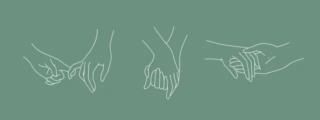 Fotobehang Set of holding outline hands couples with interlocked fingers. Symbol people in love, romance relationship, support, dating, friendship in liner style. Vector illustration isolated on green background © Margaret