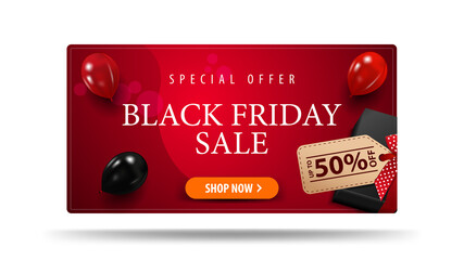 Special offer, Black Friday Sale, up to 50% off, red discount banner with black present with price tag with offer and red and black balloons, top view.