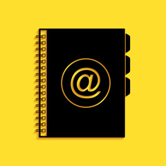 Black Address book icon isolated on yellow background. Notebook, address, contact, directory, phone, telephone book icon. Long shadow style. Vector.