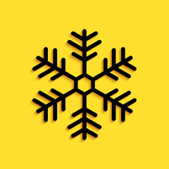 Black Snowflake icon isolated on yellow background. Long shadow style. Vector.