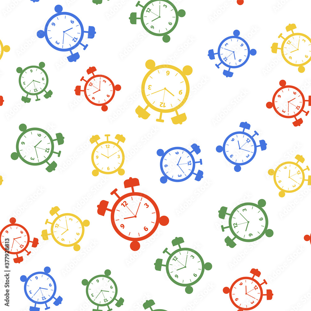 Poster color alarm clock icon isolated seamless pattern on white background. wake up, get up concept. time 