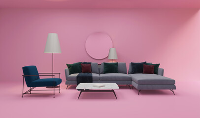 Modern living room with sofa set and armchair , coffee table , pink wall and pink floor. 3D rendering