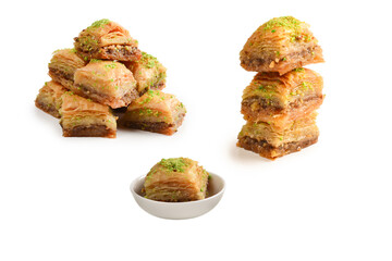 Pistachio baklava on a white background. Dessert.