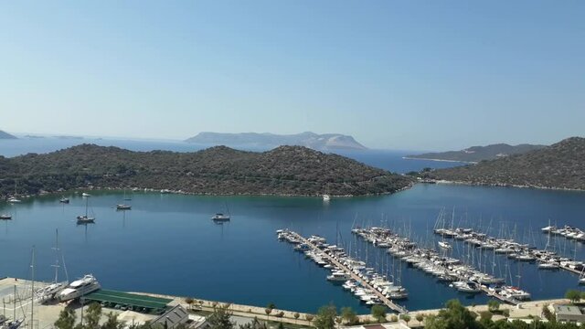 Famous Marina of Kastellorizo ​​island with lots of boats anchored in Greece