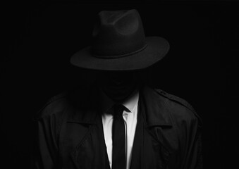 Fototapeta Old fashioned detective in hat on dark background obraz