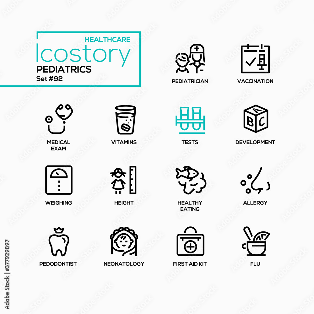 Poster pediatrics - vector line design style icons set