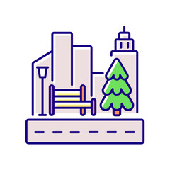 Street landscaping RGB color icon. City sidewalk. Public park. Growing tree in town. Nature in urban district. Skyscrapers with traffic. Driveway near buildings. Isolated vector illustration