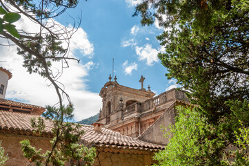 View of the bell tower of the religious Monastery of Lluc