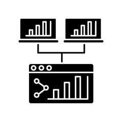 Webcast black glyph icon. Share online presentation. Screen with data analytics. Information diagram for business project. Web page. Silhouette symbol on white space. Vector isolated illustration