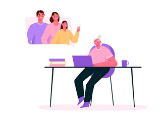 Family videoconference. Online communication. Parents and little daughter chatting with grandmother by video call. Online chat. Family together. Quarantine and self-isolation.Flat vector illustration.