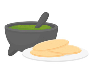 guacamole in bowl with tortillas, on white background vector illustration design