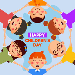 vector illustration of happy children day. Many children love each other by holding hands. light blue background