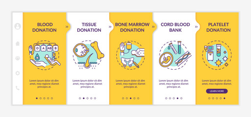 Organ donation onboarding vector template. Medical charity, healthcare service. Transplantation procedures responsive mobile website with icons. Webpage walkthrough step screens. RGB color concept