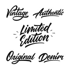 Set of handwritten inscriptions for label, badge and print. Apparel fashion design. Hand lettering vintage,authentic,limeted edition,original and denim.Vector illustration.