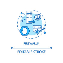 Firewalls concept icon. Unauthorized access prevention idea thin line illustration. Traffic flows control. Cybersecurity tool. Vector isolated outline RGB color drawing. Editable stroke