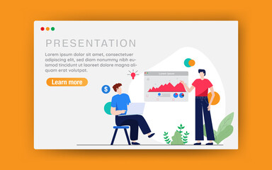 Creative process landing page template. The modern flat design concept of web page design for websites and mobile websites. Easy to edit and adjust. People who are presenting a graph. Vector illustrat