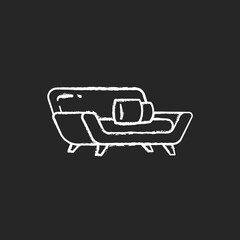 Comfortable couch chalk white icon on black background. Contemporary living room furniture. Modern seating. Relaxing with comfort. Resting on sofa. Isolated vector chalkboard illustration