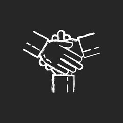 Friendly cooperation chalk white icon on black background. Welcoming atmosphere. Unity, teamwork, partnership. Work in group. Problem solving. Isolated vector chalkboard illustration