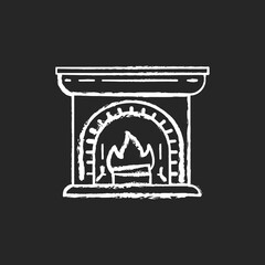 Wood burning fireplace chalk white icon on black background. House decoration. Lares and penates. Farmhouse style. Hearthstone. Hyggelig mood. Isolated vector chalkboard illustration